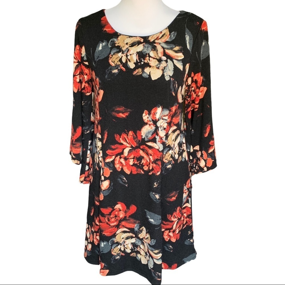 Chris McLaughlin Black and Floral Print Long Bell Sleeve Dress